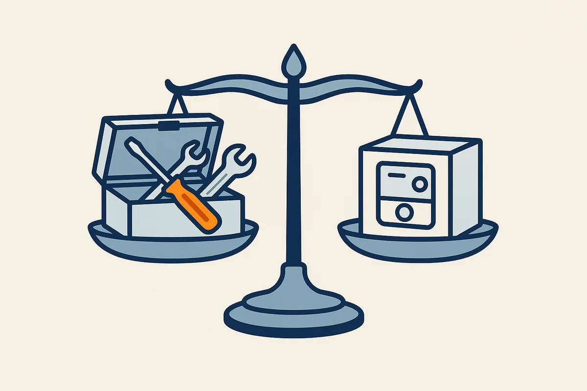 Illustratie van een weegschaal met links een gereedschapskist en rechts een nieuw apparaat