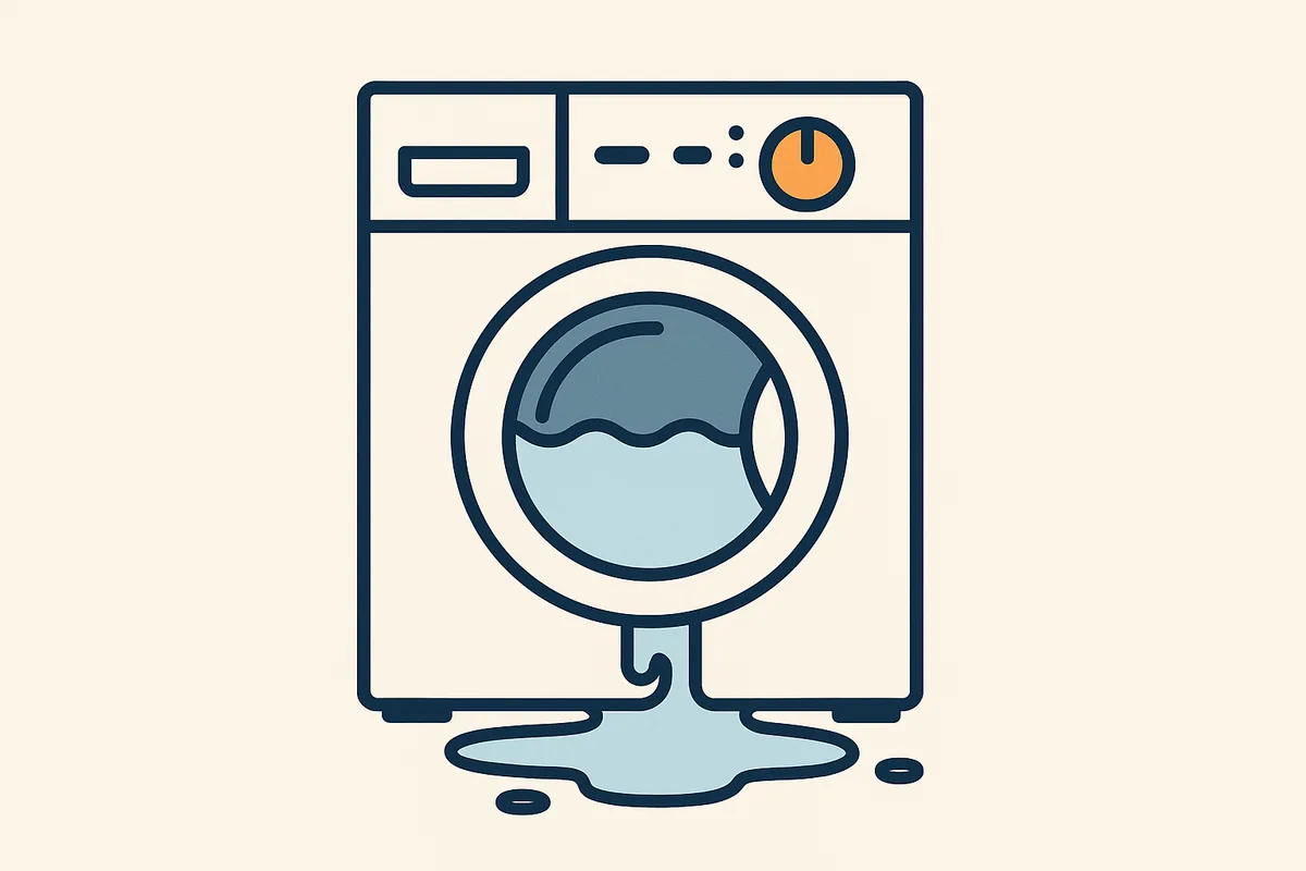 Illustratie van een wasmachine met een plas water ervoor op de vloer