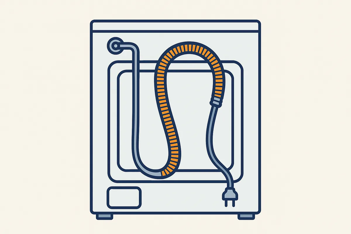 Illustratie van de achterkant van een wasmachine met de water-, afvoer- en stroomaansluiting