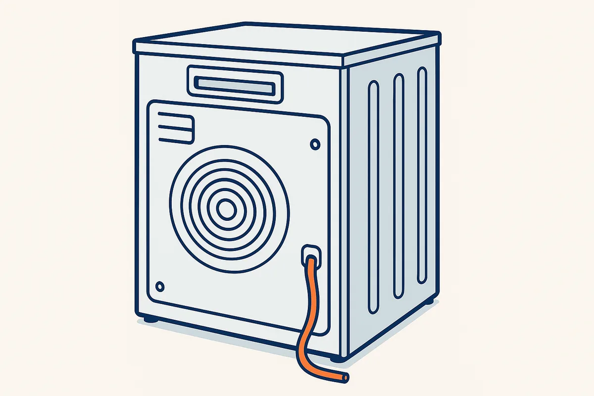Illustratie van de achterkant van een wasdroger met een condensreservoir en een afvoerslang