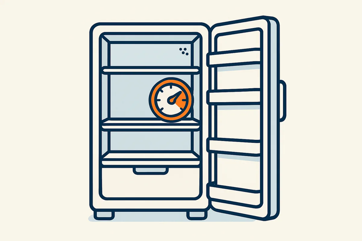 Illustratie van een koelkast met een thermometer die een te hoge temperatuur aangeeft