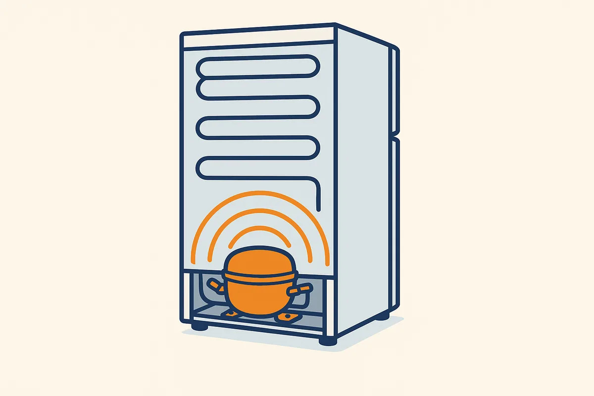 Illustratie van een koelkast met geluidsgolven bij de compressor achterin onderaan