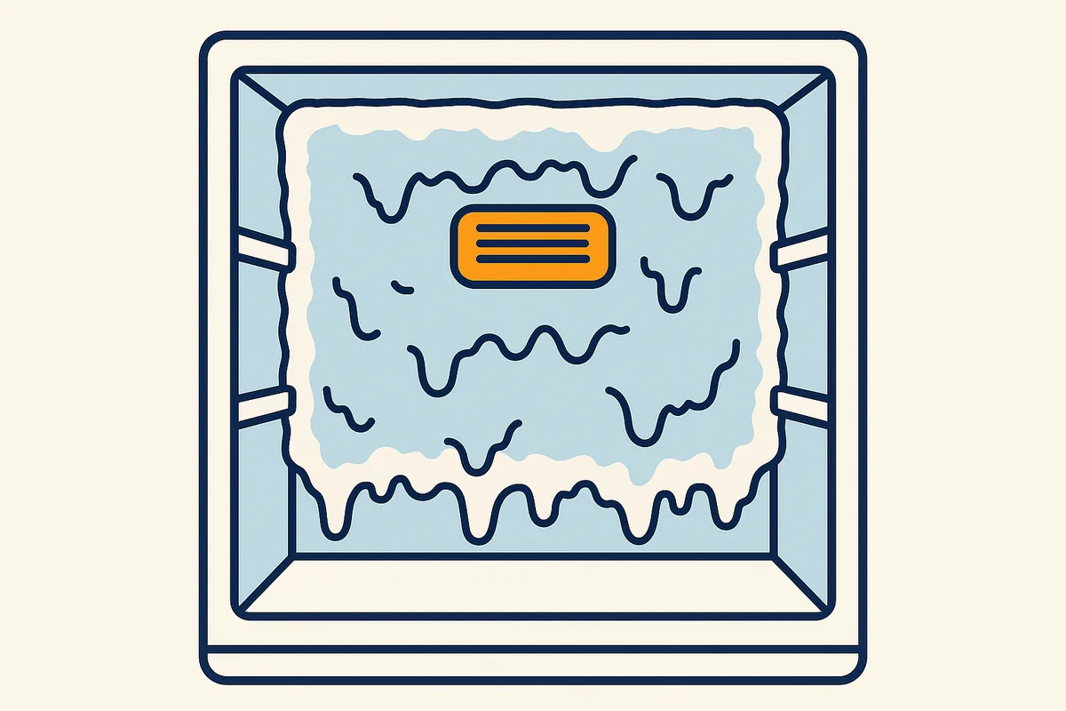 Illustratie van de achterwand van een koelkastinterieur bedekt met een ijslaag