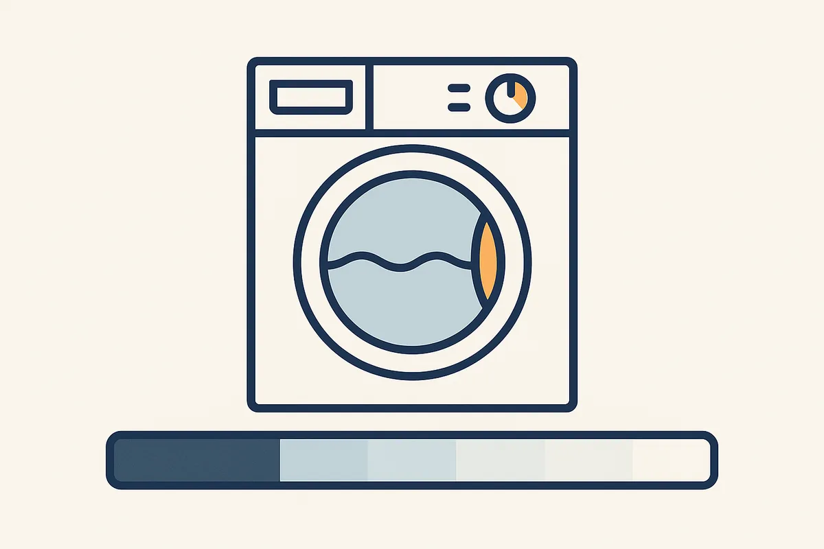 Illustratie van een wasmachine met daaronder een tijdlijn van nieuw naar afgeschreven