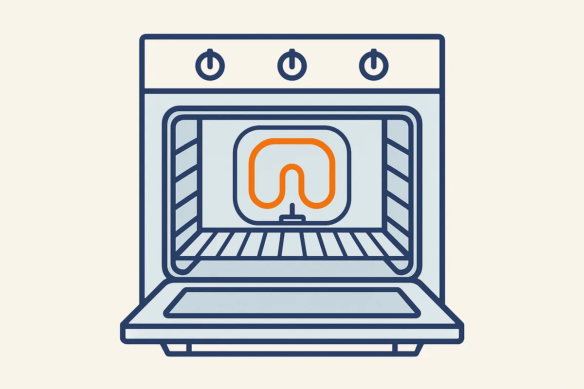 Illustratie van een inbouwoven met het verwarmingselement achterin uitgelicht
