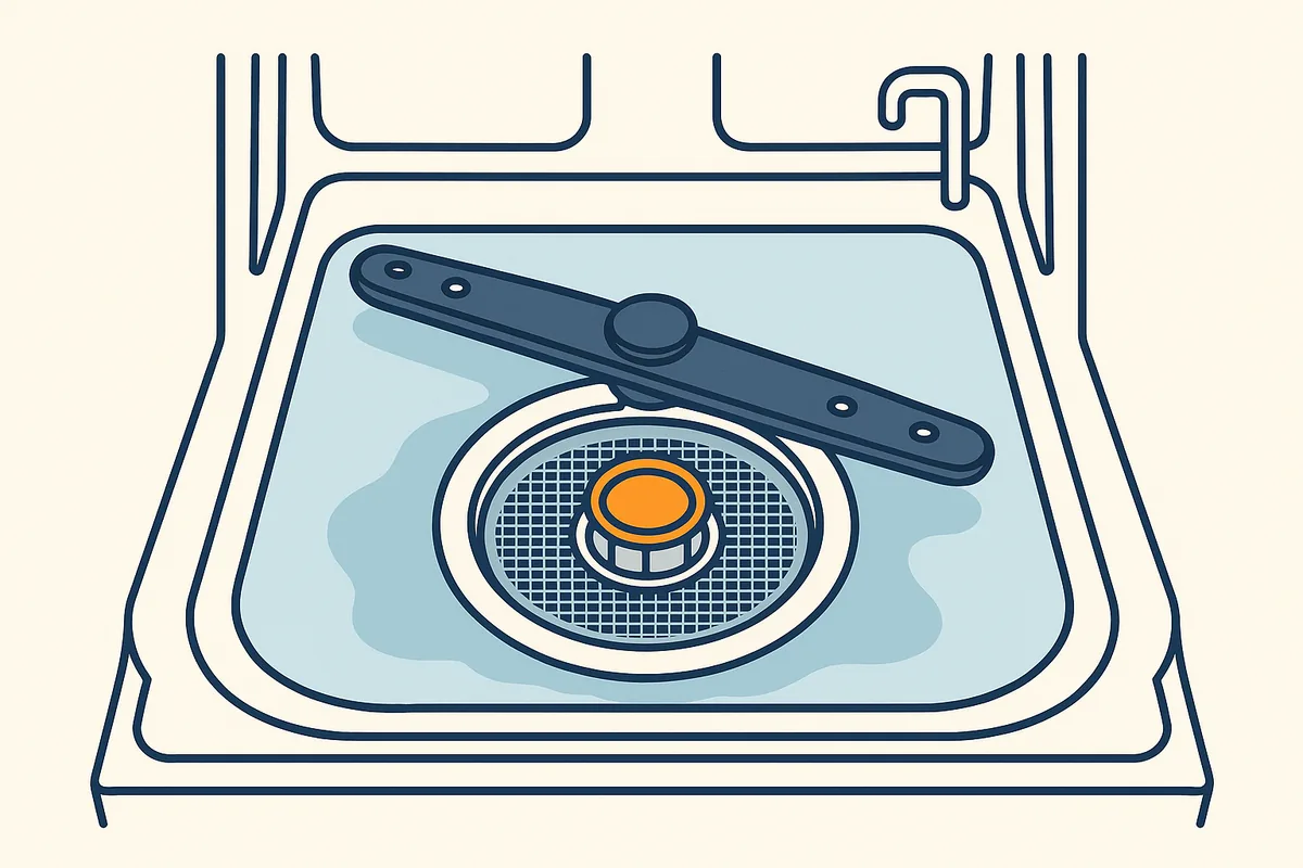 Illustratie van de bodem van een vaatwasser met stilstaand water rond de zeef