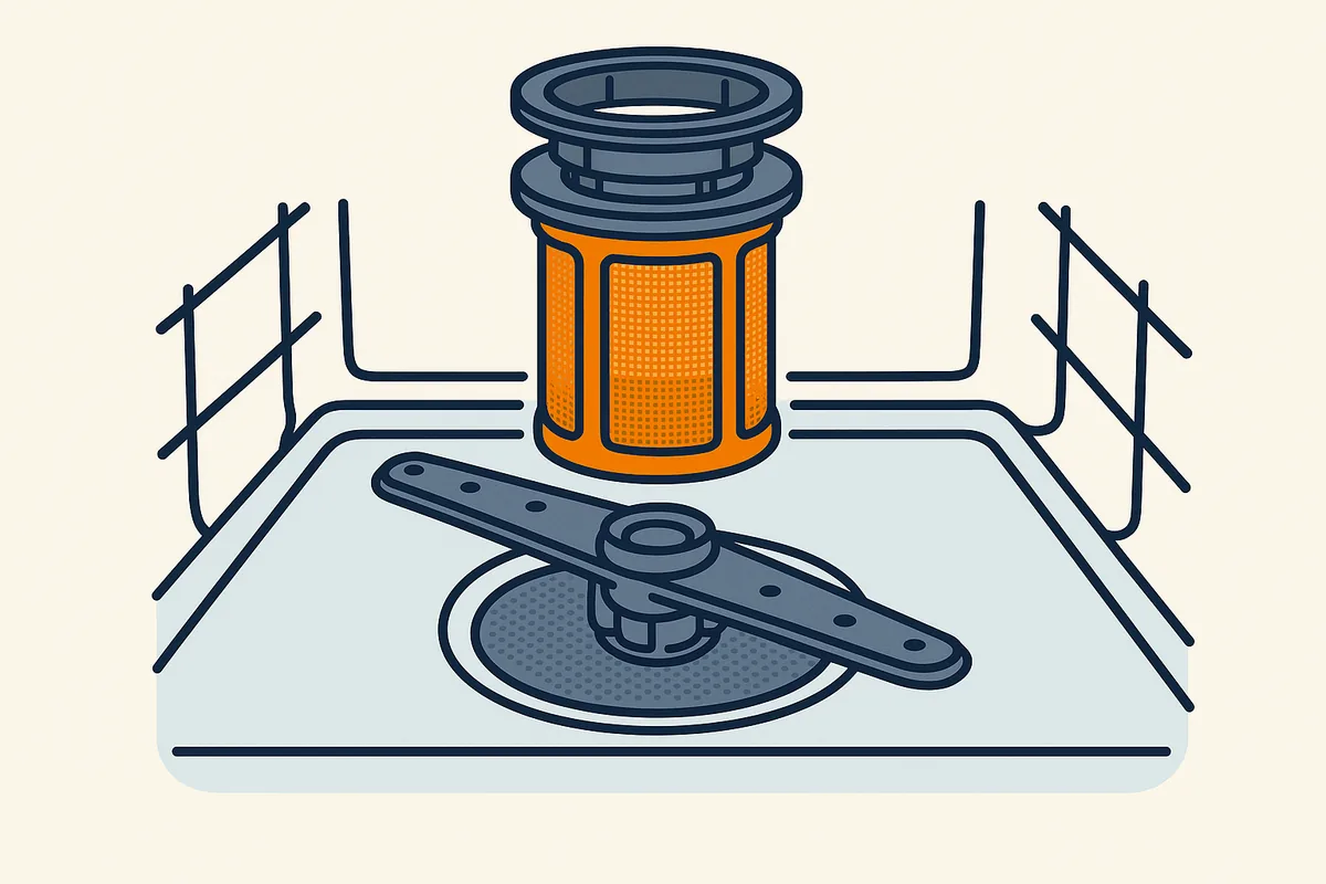 Illustratie van een uitgenomen zeefpakket uit de bodem van een vaatwasser
