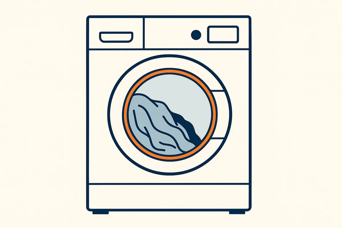 Illustratie van een wasmachine met natte was in de trommel na een mislukte centrifugegang