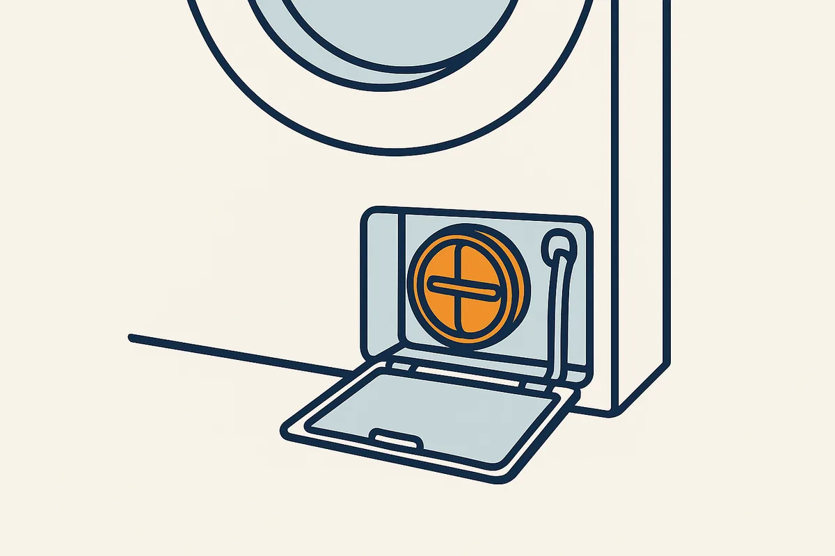 Illustratie van het open filterklepje rechtsonder op een wasmachine met het pluizenfilter zichtbaar