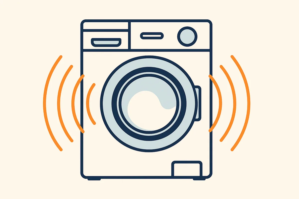 Illustratie van een wasmachine waaruit geluidsgolven komen tijdens het centrifugeren