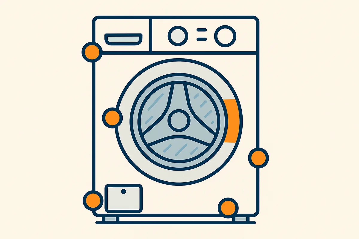Illustratie van een wasmachine met de zes plekken waar storingen ontstaan aangeduid