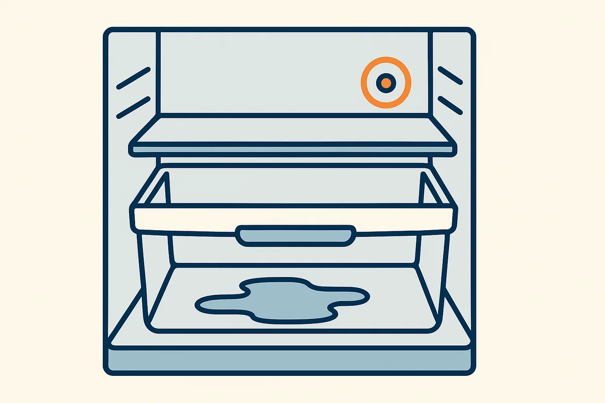 Illustratie van de binnenkant van een koelkast met een plasje water bij de groentelade