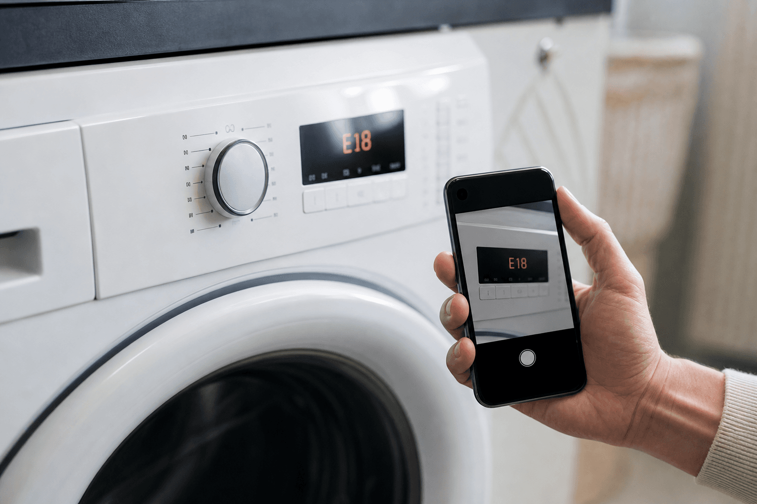 Iemand fotografeert de foutcode op het display van een wasmachine